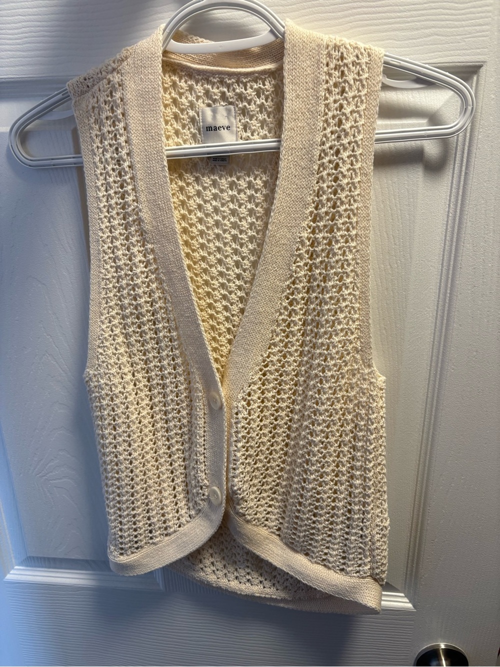 Maeve Cream Open-Knit V-Neck Button Front Vest